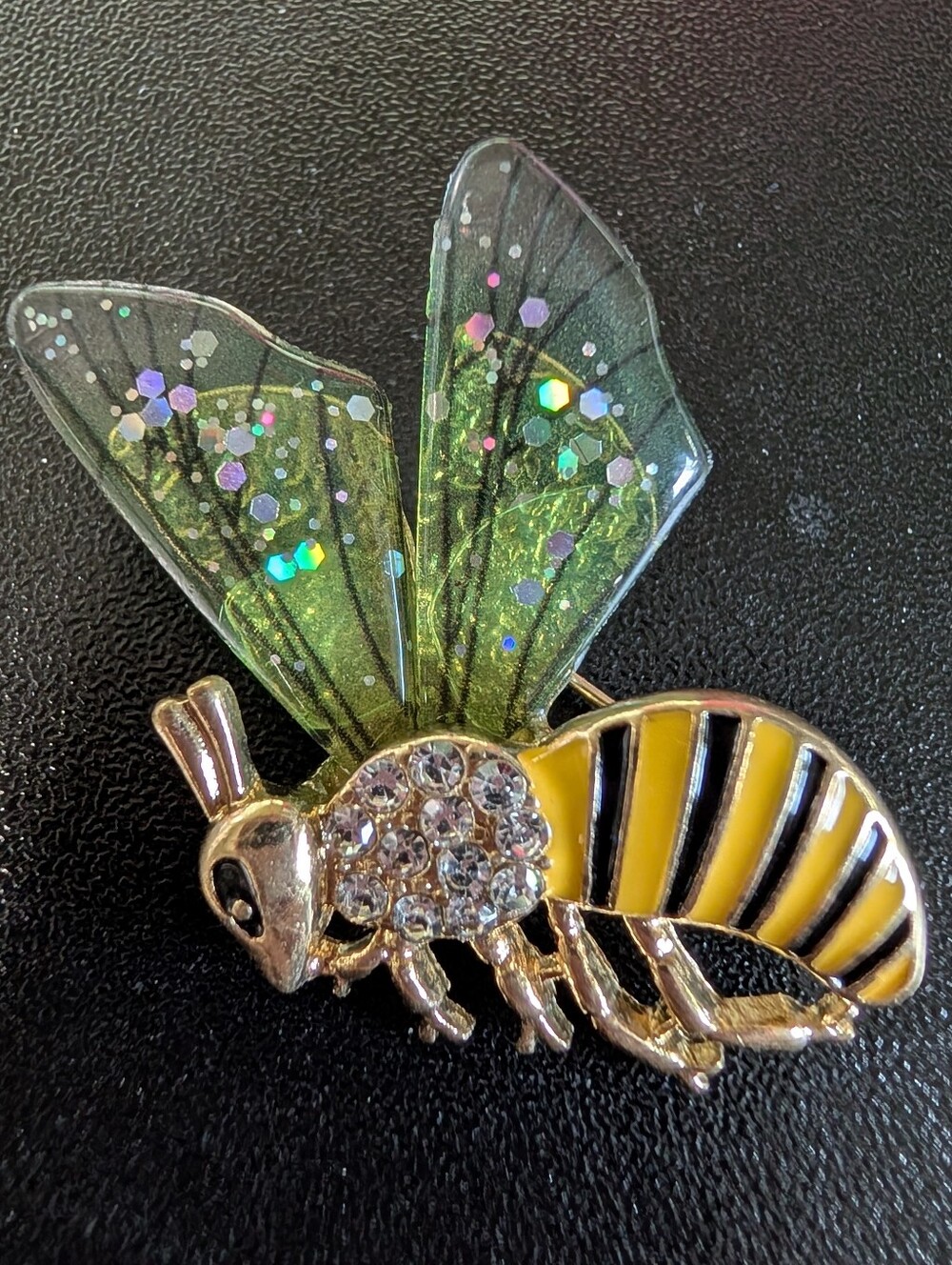 Bee Brooch Pin with Green Glitter Wings and Yellow-Black Enamel